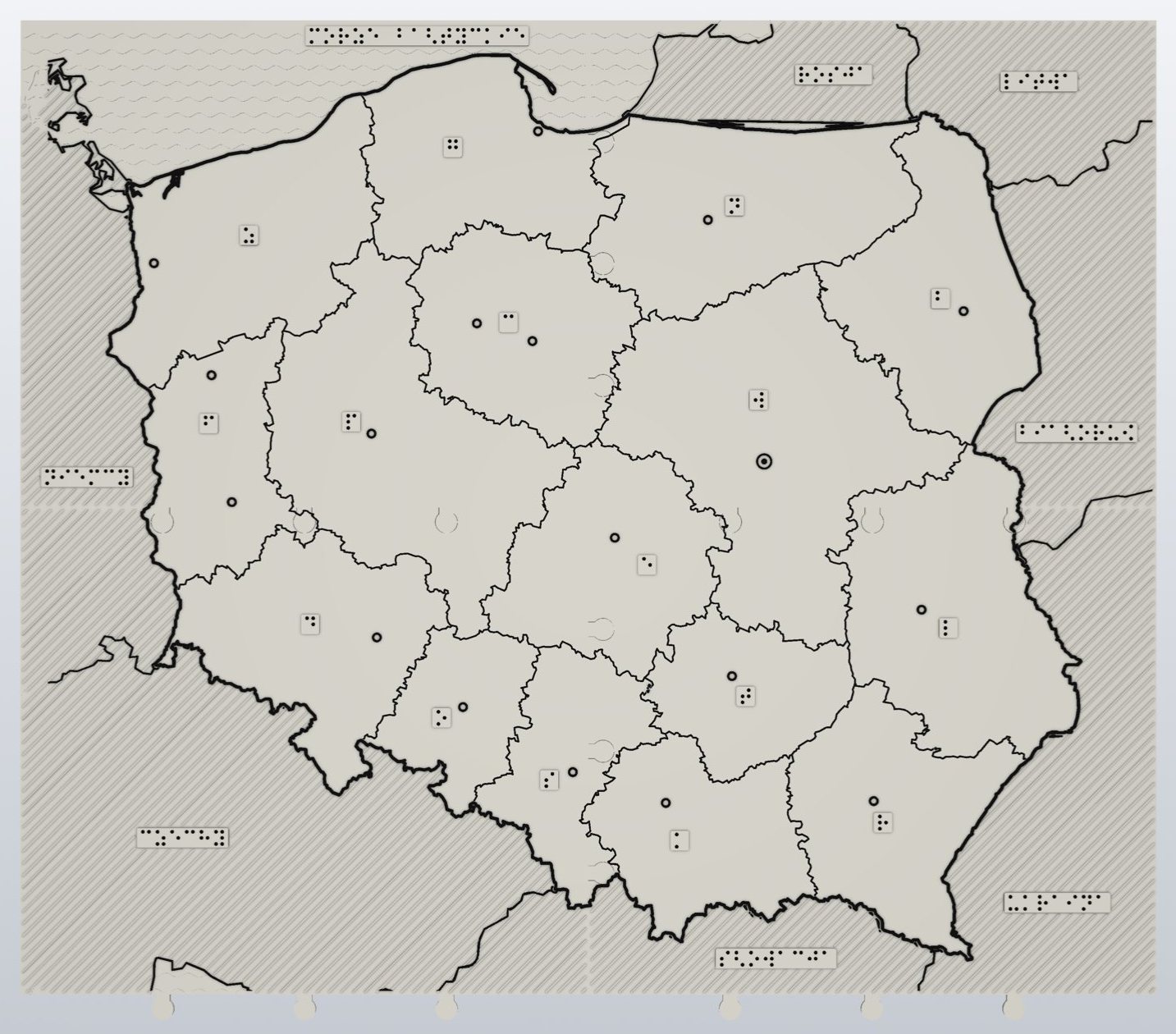 Mapa Polski z góry, wariant administracyjny: województwa i miasta.